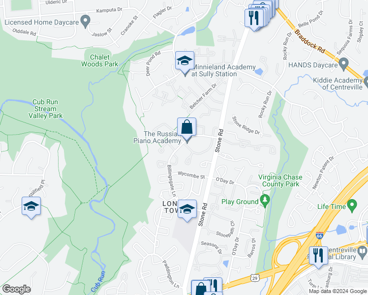 map of restaurants, bars, coffee shops, grocery stores, and more near 14767 Basingstoke Loop in Centreville