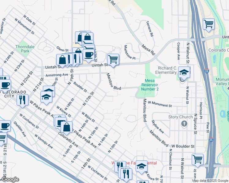 map of restaurants, bars, coffee shops, grocery stores, and more near 420 Saint Vrain Place in Colorado Springs