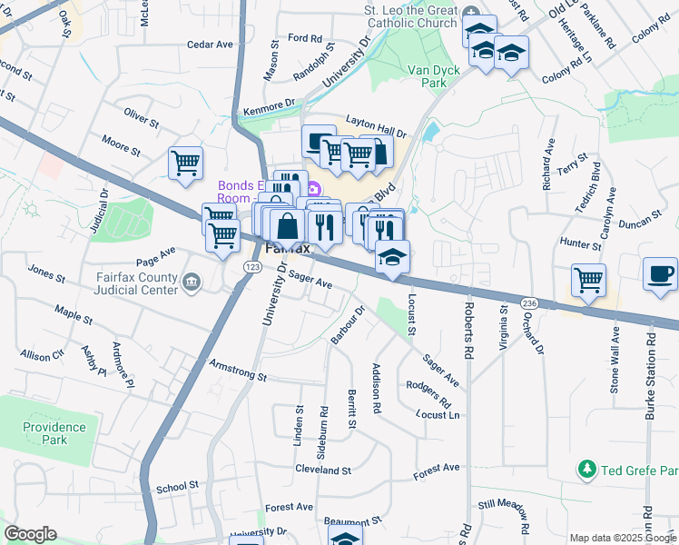 map of restaurants, bars, coffee shops, grocery stores, and more near 10328 Sager Avenue in Fairfax