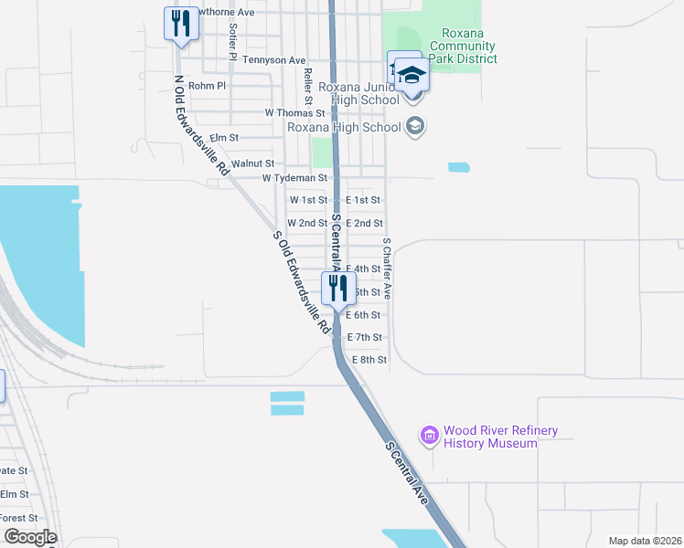map of restaurants, bars, coffee shops, grocery stores, and more near 120 East 4th Street in Roxana