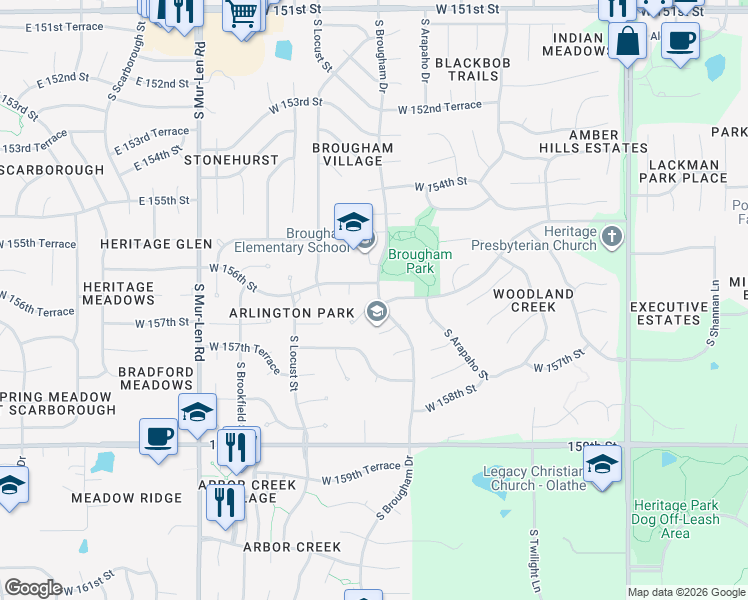 map of restaurants, bars, coffee shops, grocery stores, and more near 16228 West 156th Terrace in Olathe