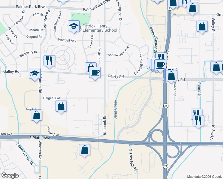 map of restaurants, bars, coffee shops, grocery stores, and more near 880 Babcock Road in Colorado Springs
