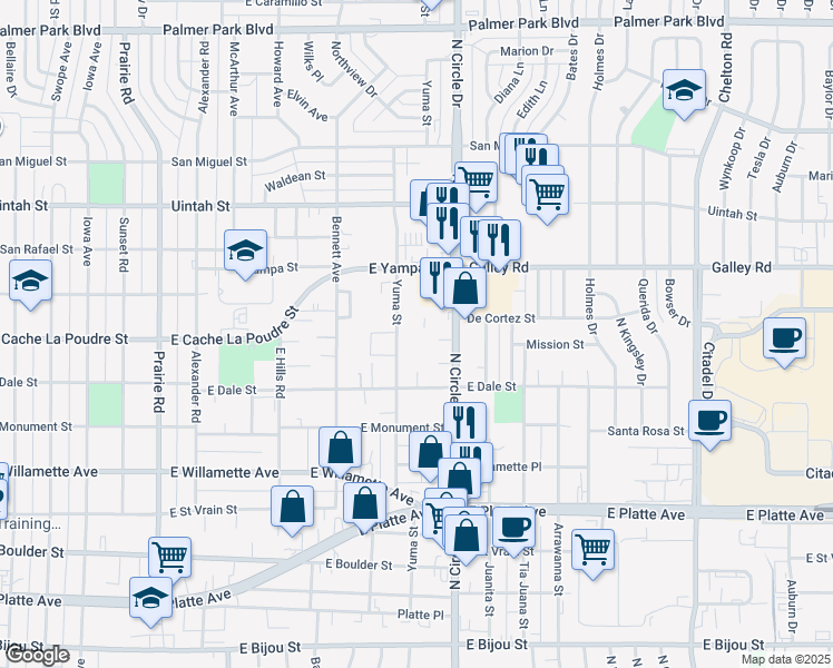 map of restaurants, bars, coffee shops, grocery stores, and more near 873 Yuma Street in Colorado Springs