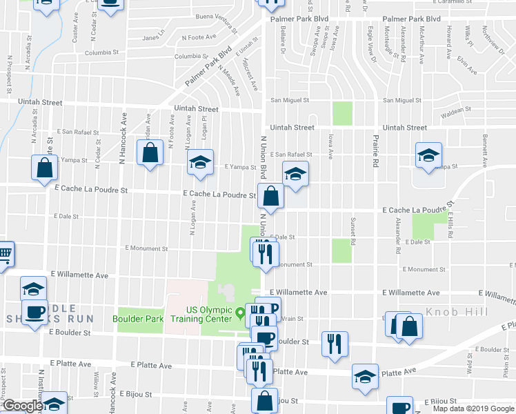 map of restaurants, bars, coffee shops, grocery stores, and more near 830 North Union Boulevard in Colorado Springs