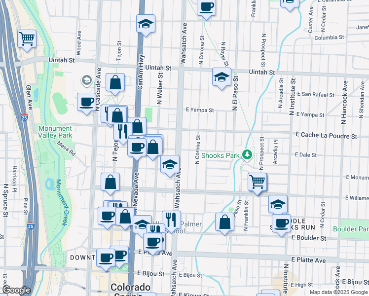 map of restaurants, bars, coffee shops, grocery stores, and more near 811 North Wahsatch Avenue in Colorado Springs