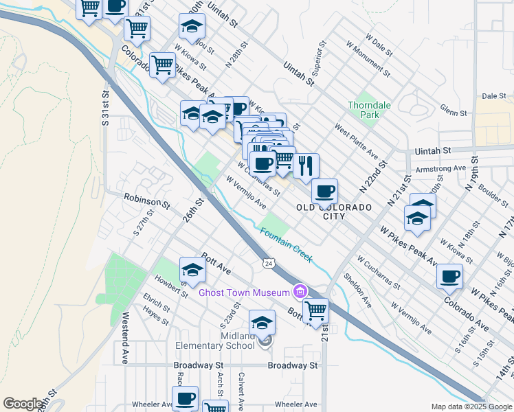 map of restaurants, bars, coffee shops, grocery stores, and more near 2426 West Vermijo Avenue in Colorado Springs