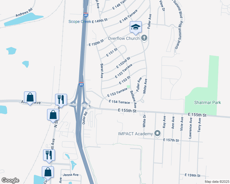map of restaurants, bars, coffee shops, grocery stores, and more near 6108 East 153 Terrace in Grandview