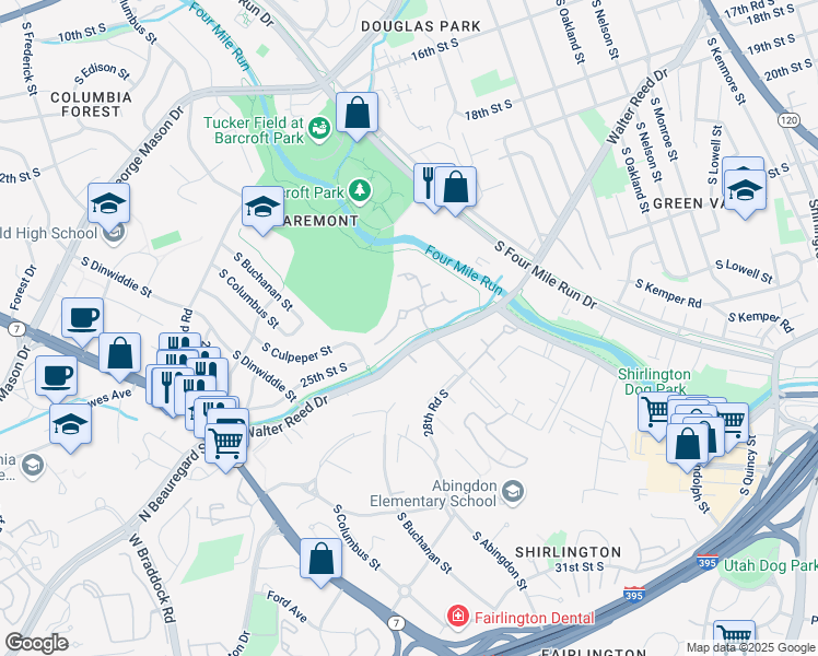 map of restaurants, bars, coffee shops, grocery stores, and more near 2510 South Walter Reed Drive in Arlington