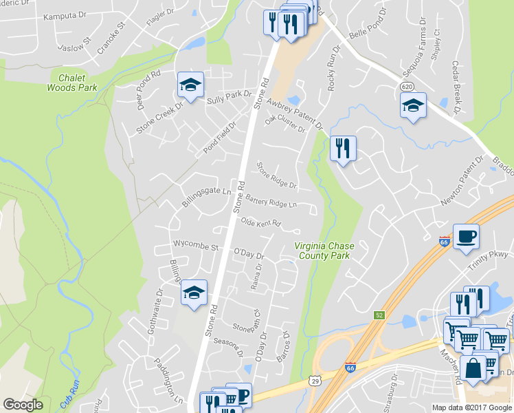 map of restaurants, bars, coffee shops, grocery stores, and more near 14625 Battery Ridge Lane in Centreville