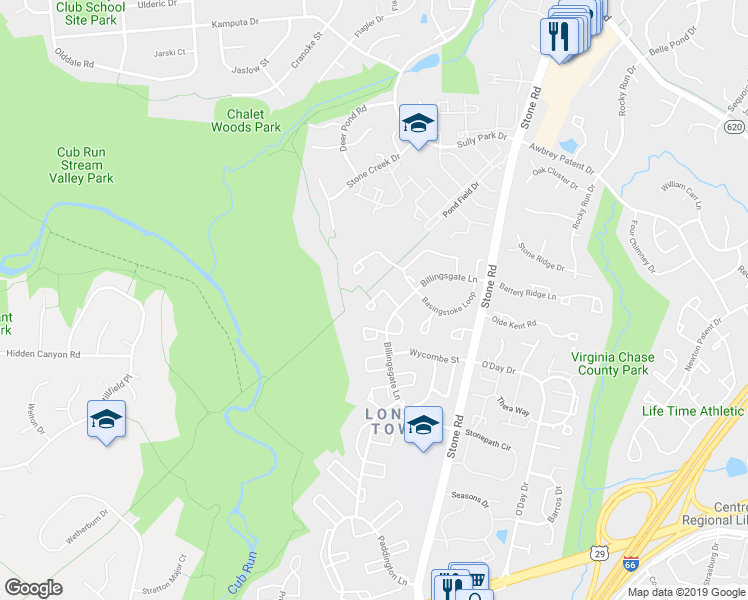 map of restaurants, bars, coffee shops, grocery stores, and more near 14845 Lynhodge Court in Centreville