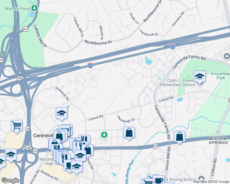 map of restaurants, bars, coffee shops, grocery stores, and more near 5440 Summit Street in Centreville