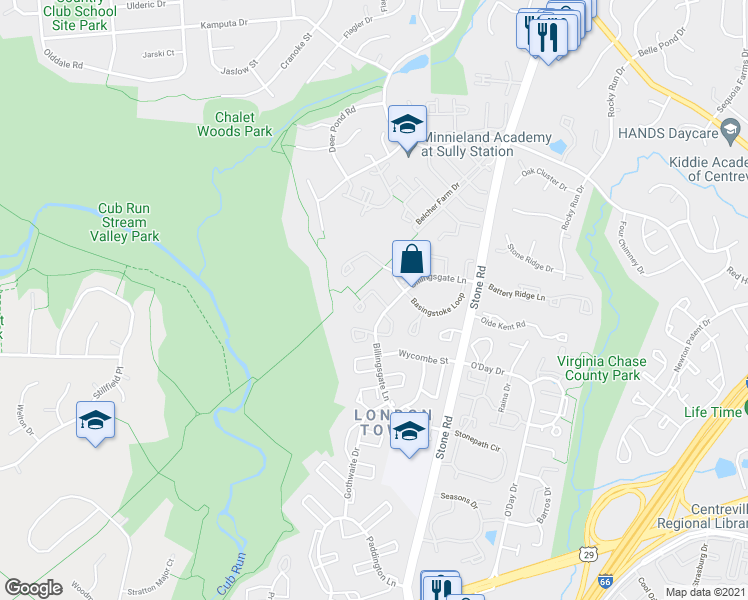 map of restaurants, bars, coffee shops, grocery stores, and more near 14811 Lynhodge Court in Centreville