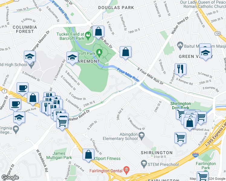 map of restaurants, bars, coffee shops, grocery stores, and more near 2514 South Walter Reed Drive in Arlington