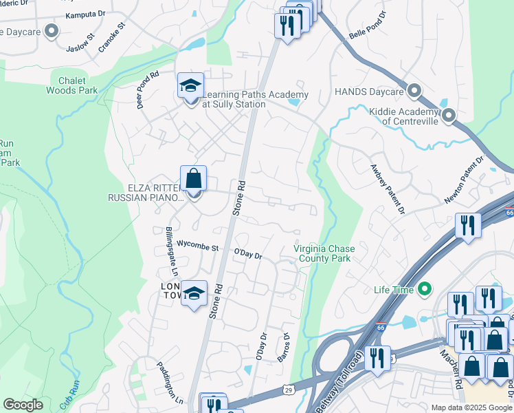 map of restaurants, bars, coffee shops, grocery stores, and more near 14625 Battery Ridge Lane in Centreville