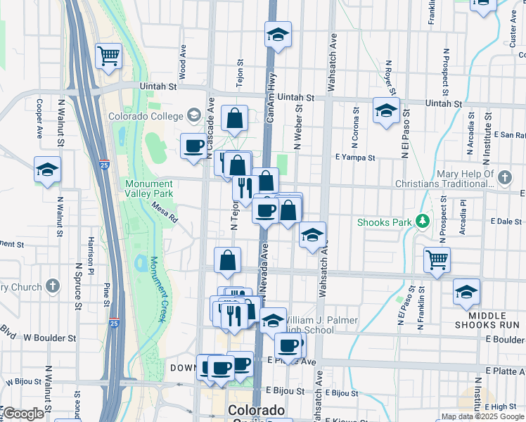 map of restaurants, bars, coffee shops, grocery stores, and more near N Nevada Ave & E Dale St in Colorado Springs