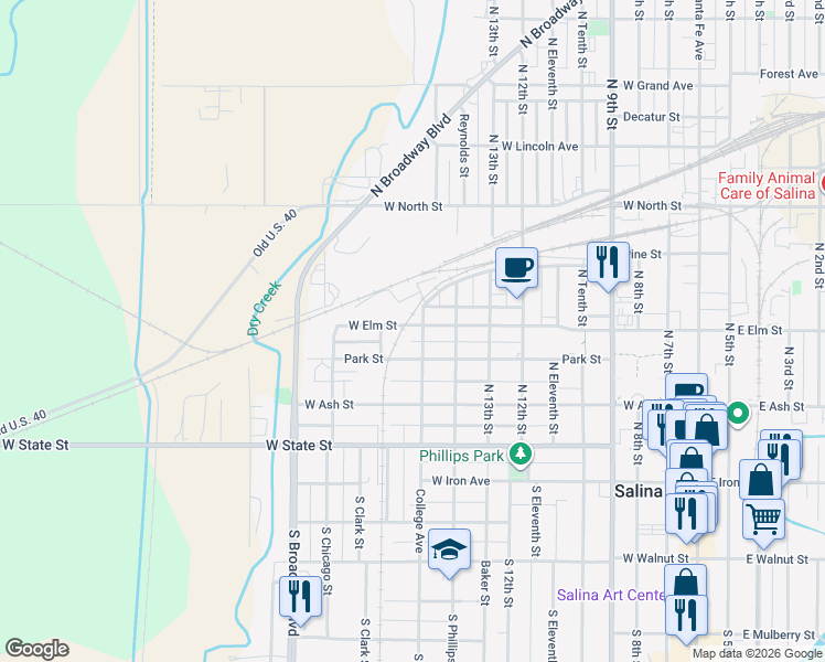 map of restaurants, bars, coffee shops, grocery stores, and more near 1000 West Elm Street in Salina
