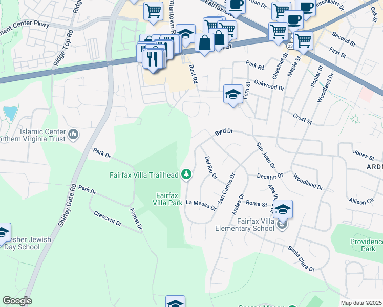 map of restaurants, bars, coffee shops, grocery stores, and more near 11114 Byrd Drive in Fairfax