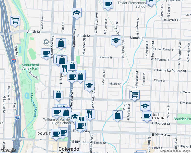 map of restaurants, bars, coffee shops, grocery stores, and more near 811 North Wahsatch Avenue in Colorado Springs