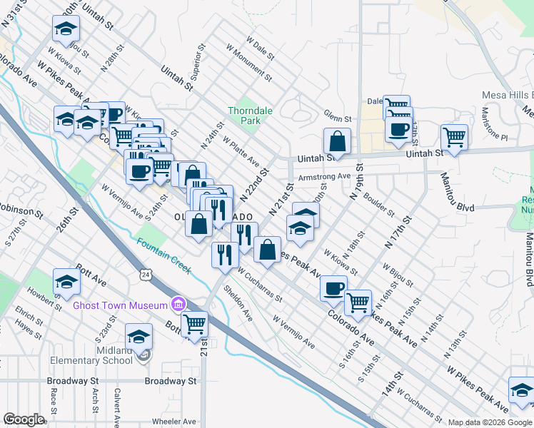 map of restaurants, bars, coffee shops, grocery stores, and more near 2118 West Kiowa Street in Colorado Springs
