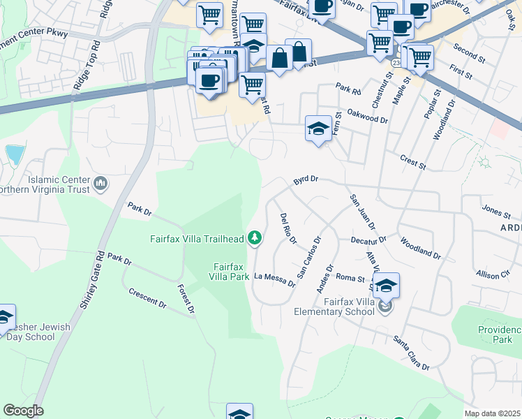 map of restaurants, bars, coffee shops, grocery stores, and more near 11114 Byrd Drive in Fairfax