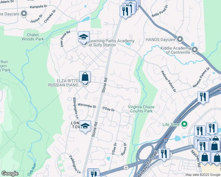 map of restaurants, bars, coffee shops, grocery stores, and more near 14633 Battery Ridge Ln in Centreville