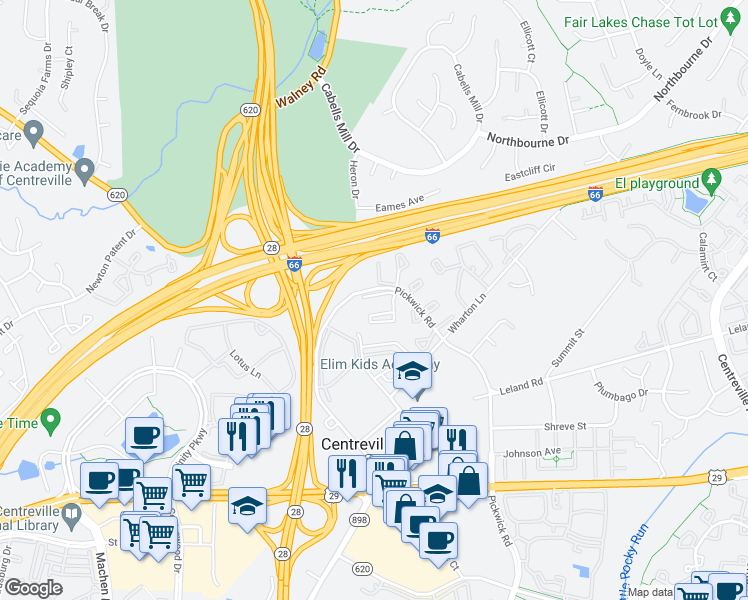 map of restaurants, bars, coffee shops, grocery stores, and more near 13917 Barnsley Place in Centreville