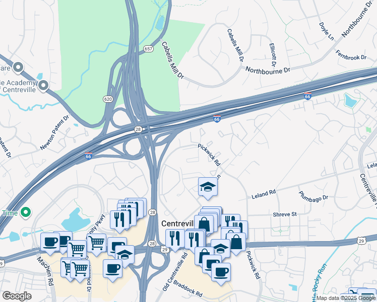 map of restaurants, bars, coffee shops, grocery stores, and more near 13917 Barnsley Place in Centreville