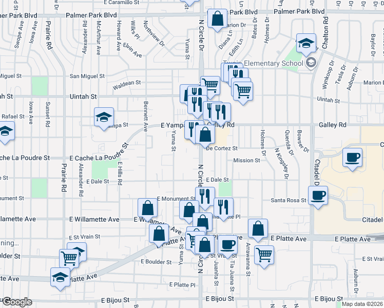 map of restaurants, bars, coffee shops, grocery stores, and more near 902 North Circle Drive in Colorado Springs