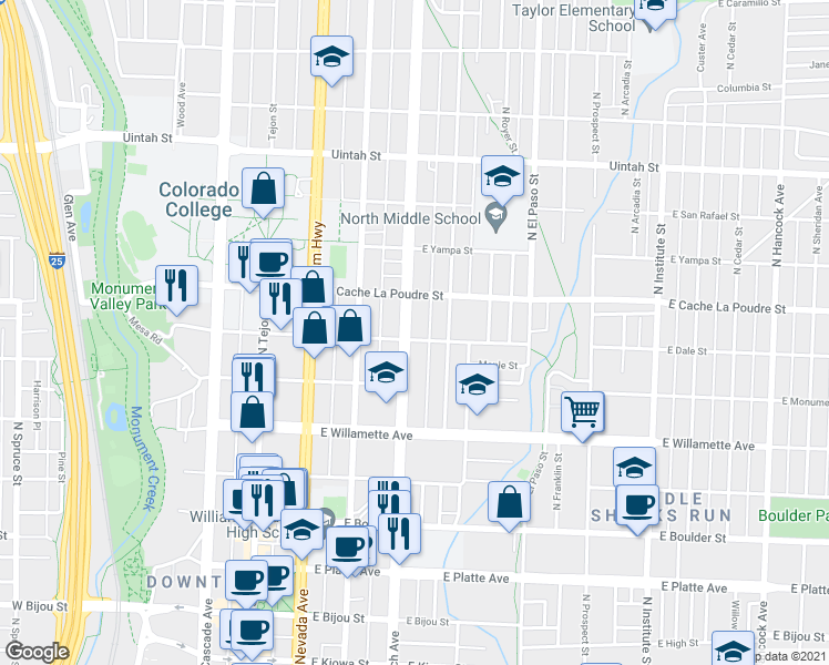map of restaurants, bars, coffee shops, grocery stores, and more near 811 North Wahsatch Avenue in Colorado Springs