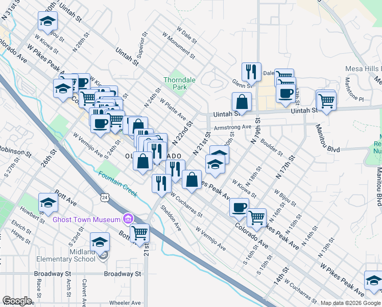 map of restaurants, bars, coffee shops, grocery stores, and more near 2118 West Kiowa Street in Colorado Springs