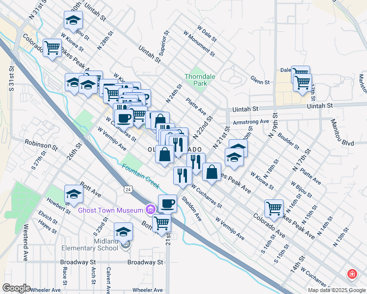 map of restaurants, bars, coffee shops, grocery stores, and more near 4 North 22nd Street in Colorado Springs