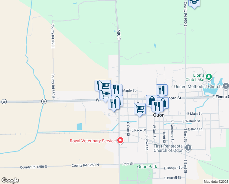 map of restaurants, bars, coffee shops, grocery stores, and more near 402 North West Street in Odon