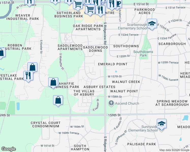 map of restaurants, bars, coffee shops, grocery stores, and more near 15614 South Hunter Street in Olathe