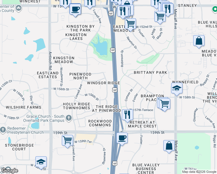 map of restaurants, bars, coffee shops, grocery stores, and more near 15519 Valley View Drive in Overland Park