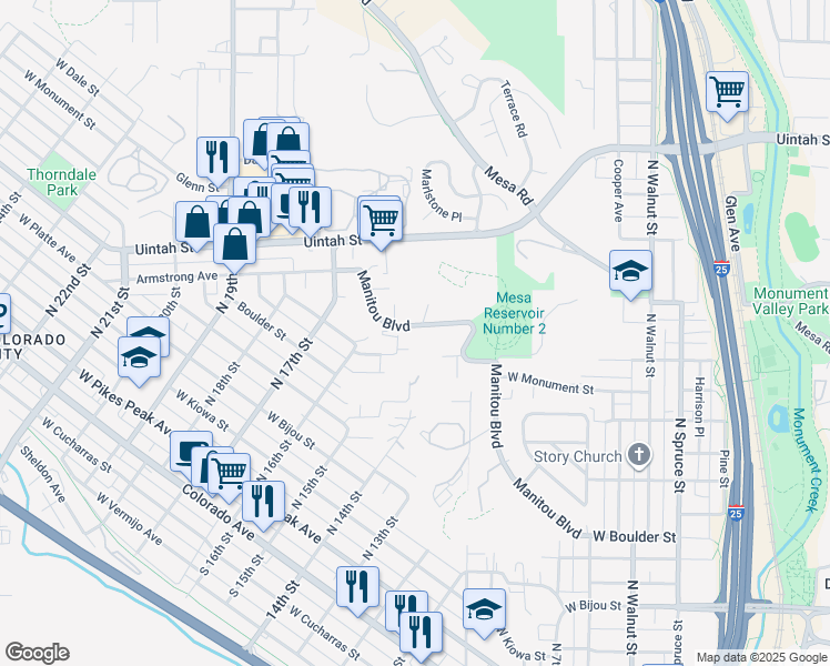 map of restaurants, bars, coffee shops, grocery stores, and more near 1495 Manitou Boulevard in Colorado Springs