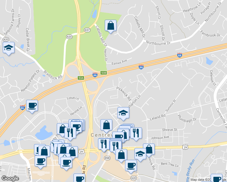 map of restaurants, bars, coffee shops, grocery stores, and more near 13913 Barnsley Place in Centreville