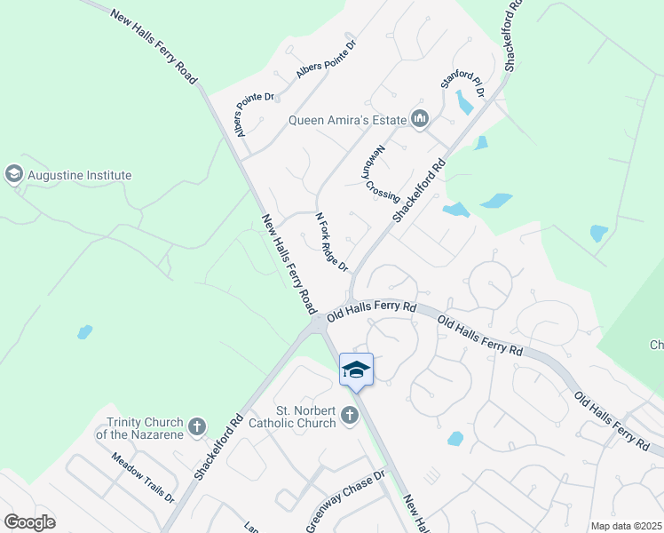 map of restaurants, bars, coffee shops, grocery stores, and more near 16703 North Fork Ridge Drive in Florissant