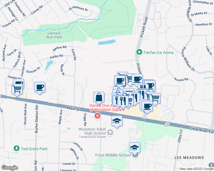 map of restaurants, bars, coffee shops, grocery stores, and more near 3885 Bradwater Street in Fairfax