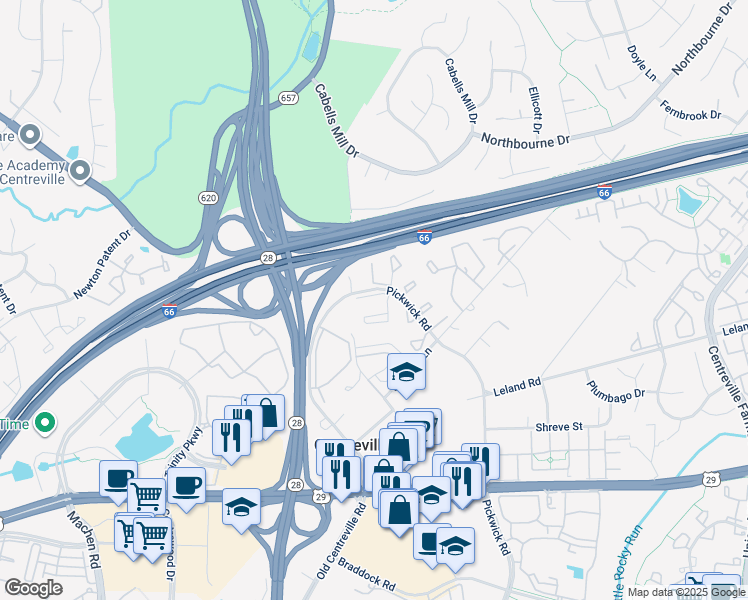 map of restaurants, bars, coffee shops, grocery stores, and more near 13913 Barnsley Place in Centreville
