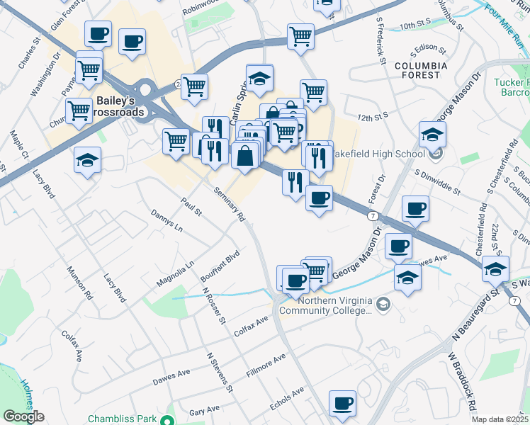 map of restaurants, bars, coffee shops, grocery stores, and more near 5597 Seminary Road in Bailey's Crossroads