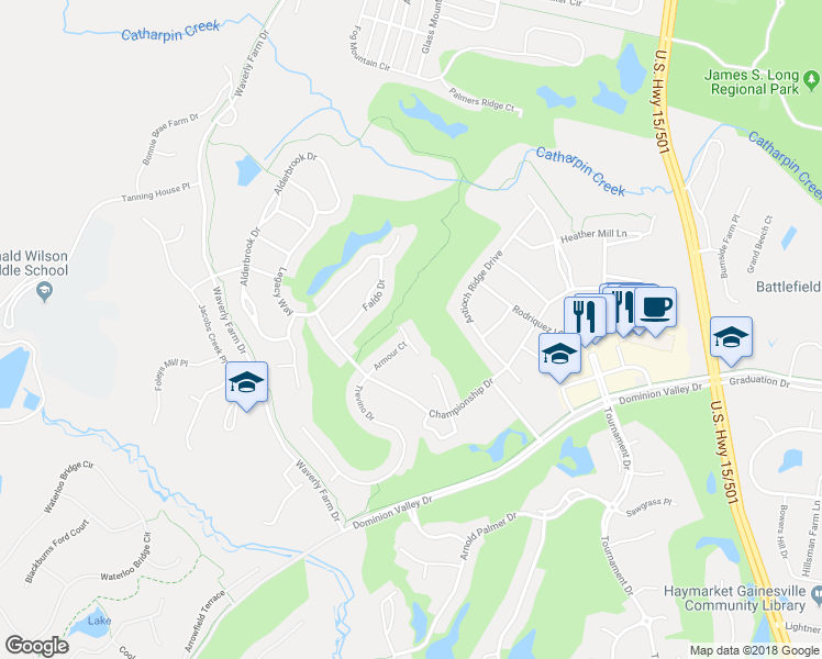 map of restaurants, bars, coffee shops, grocery stores, and more near 5205 Armour Court in Haymarket