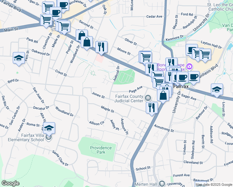 map of restaurants, bars, coffee shops, grocery stores, and more near 10670 Page Avenue in Fairfax