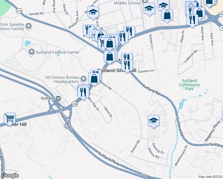 map of restaurants, bars, coffee shops, grocery stores, and more near 3301 Swann Road in Suitland-Silver Hill