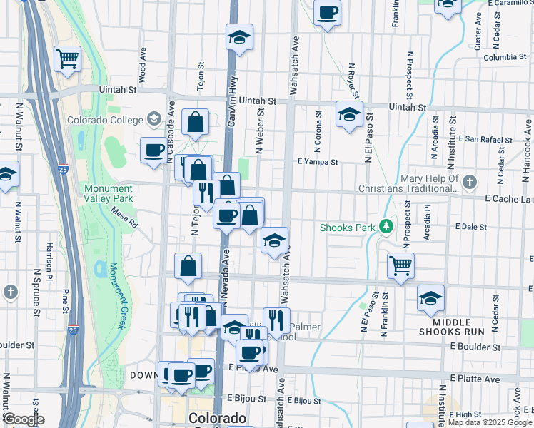 map of restaurants, bars, coffee shops, grocery stores, and more near 310 East Dale Street in Colorado Springs