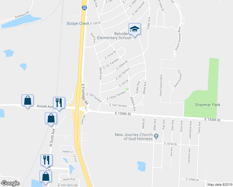 map of restaurants, bars, coffee shops, grocery stores, and more near 6106 East 153 Terrace in Grandview