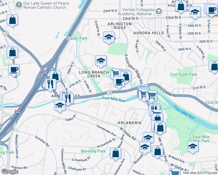 map of restaurants, bars, coffee shops, grocery stores, and more near 2866 South Meade Street in Arlington