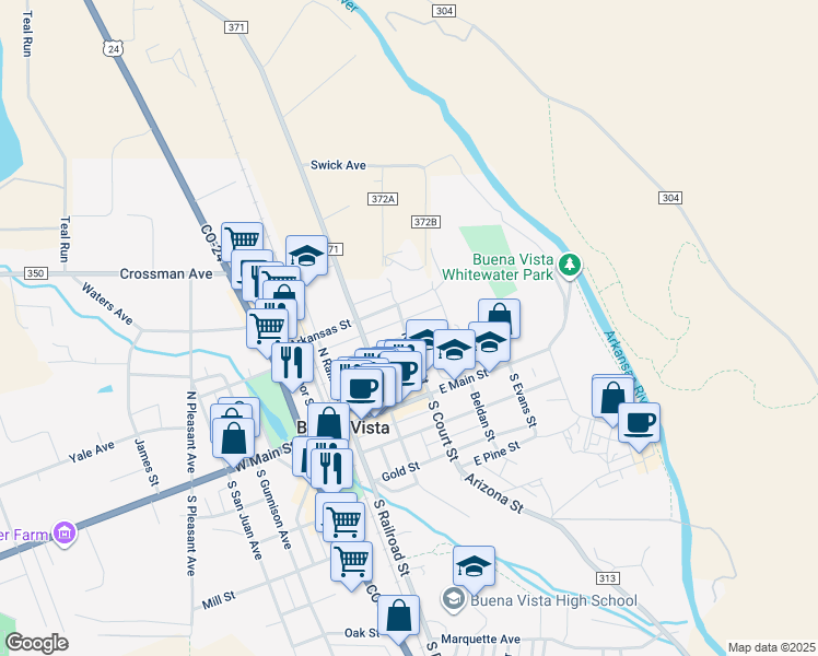 map of restaurants, bars, coffee shops, grocery stores, and more near 502 Pinon Street in Buena Vista