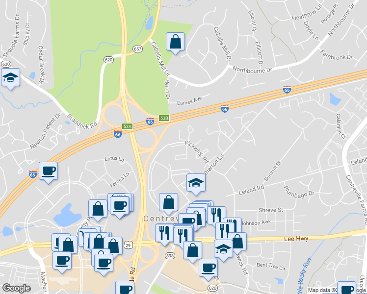 map of restaurants, bars, coffee shops, grocery stores, and more near 13905 Barnsley Place in Centreville