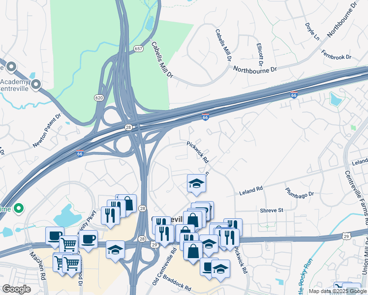 map of restaurants, bars, coffee shops, grocery stores, and more near 13905 Barnsley Place in Centreville
