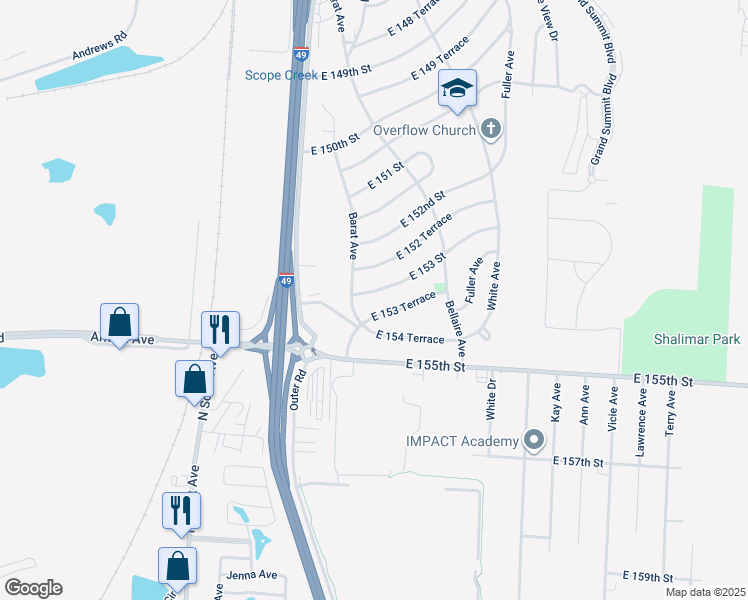 map of restaurants, bars, coffee shops, grocery stores, and more near 6005 East 153 Street in Grandview